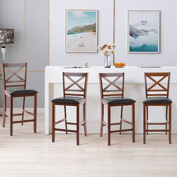 39 in. Walnut Low Back 25'' Counter Height Chairs Bar Stools w/PU Leather Seat (Set of 4 )