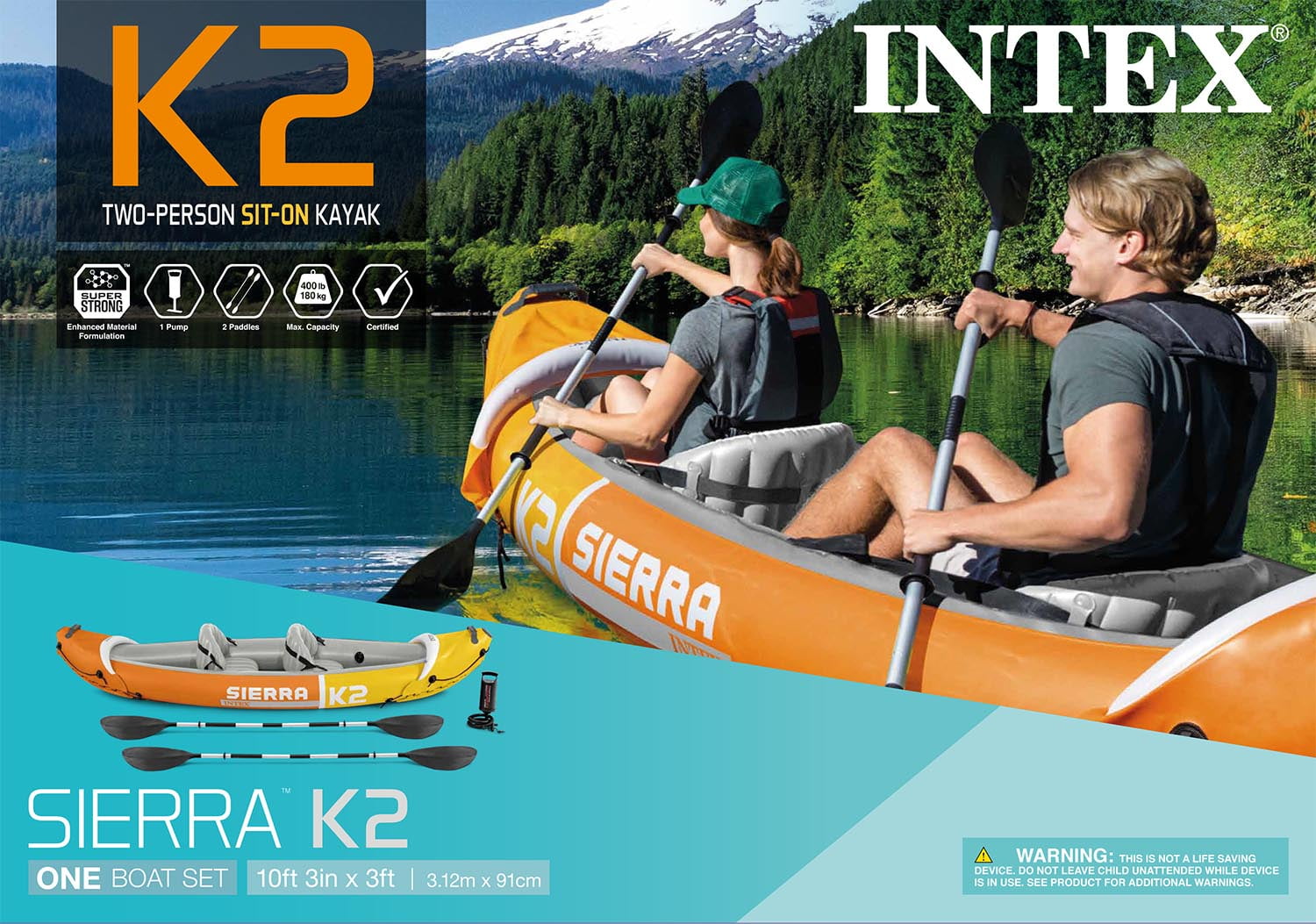 Intex Sierra K2 Inflatable Kayak with Oars and Hand Pump