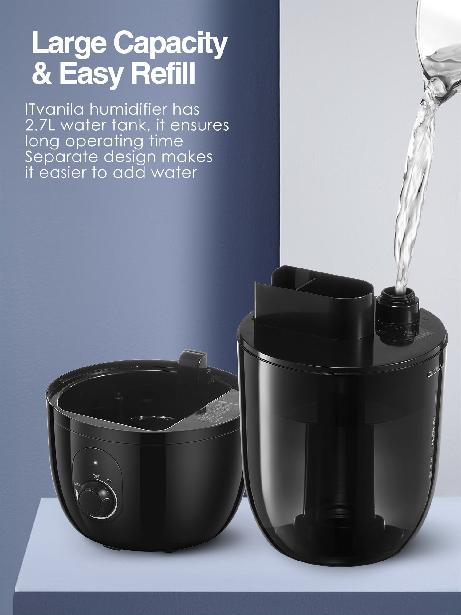 Cool Mist Humidifiers, 2.7L Humidifier for Home and Baby Room, 28H Quiet Output Bedroom Humidifier with 360° Rotating Nozzle, Black