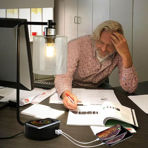 19 in. Clear Table Lamp with Wireless Charger and Glass Shade