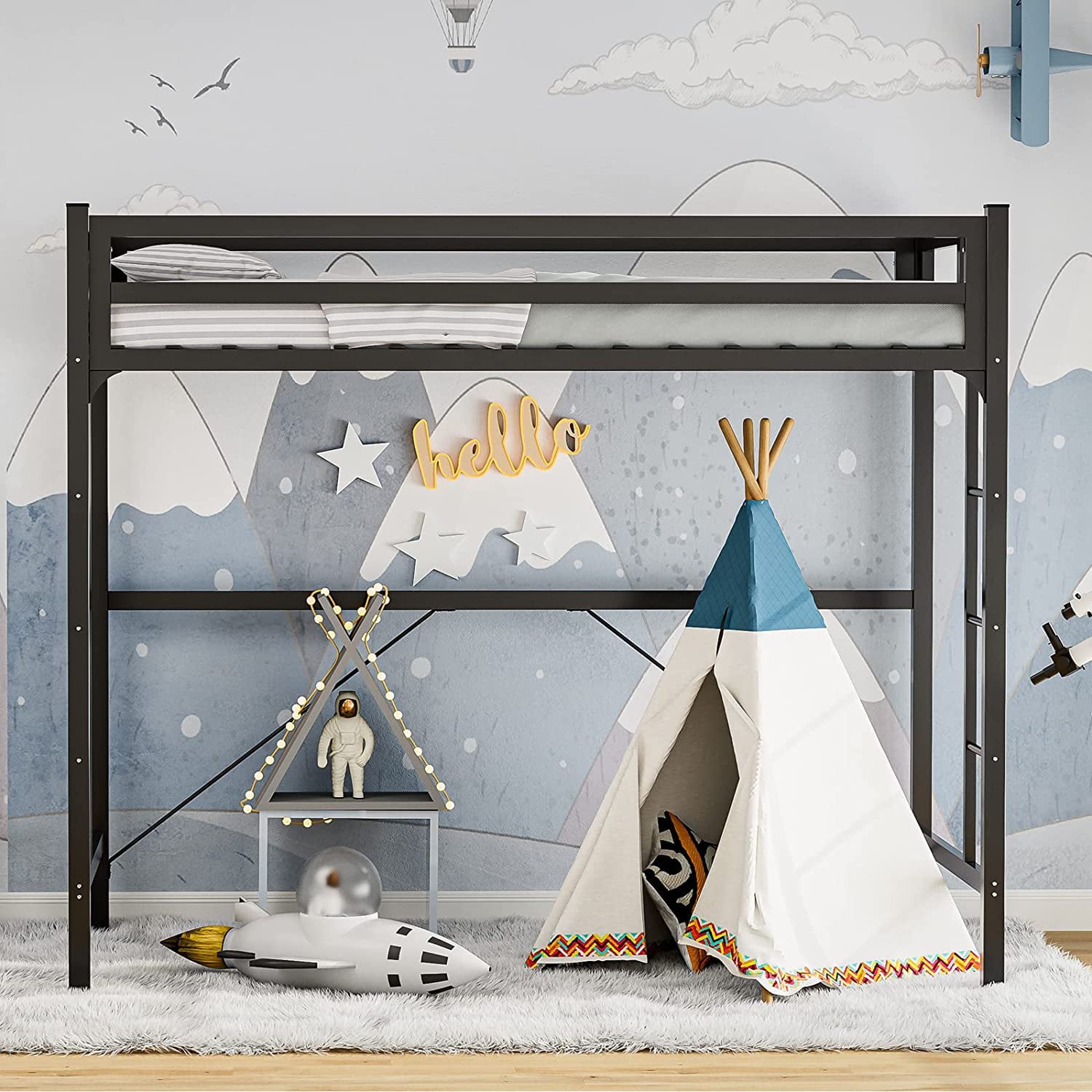 IKIFLY Metal Twin Size Loft Bed Frame - Heavy Duty Junior Loft Beds with 2 Ladders & Safety Guard Rail, Space-Saving, Noise Free, for Kids / Adults / Teens - Black