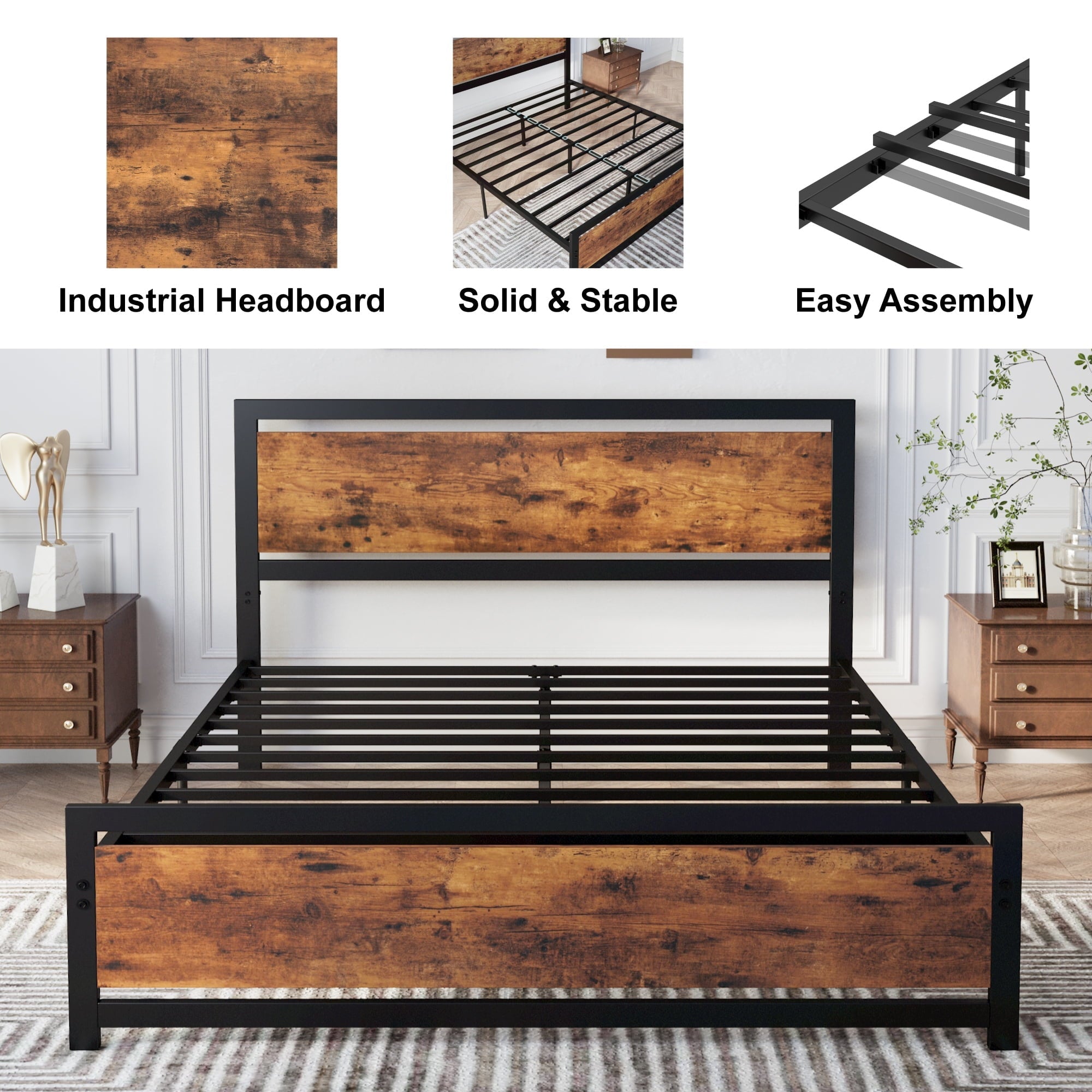 LIKIMIO Bed Frame with Headboard, Strong Support, Industrial Style, Queen