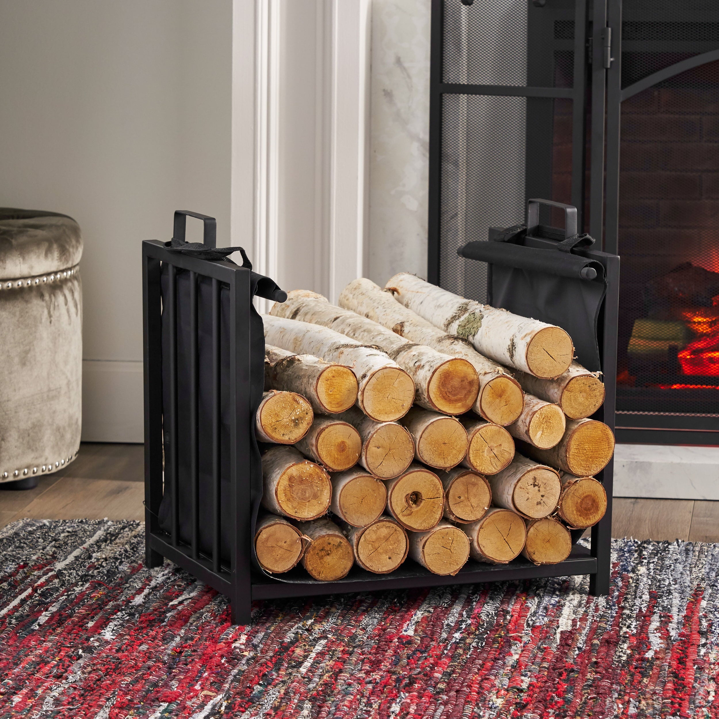 Amir Cosada Iron and Canvas Fireplace Log Holder, Black and Matte Black
