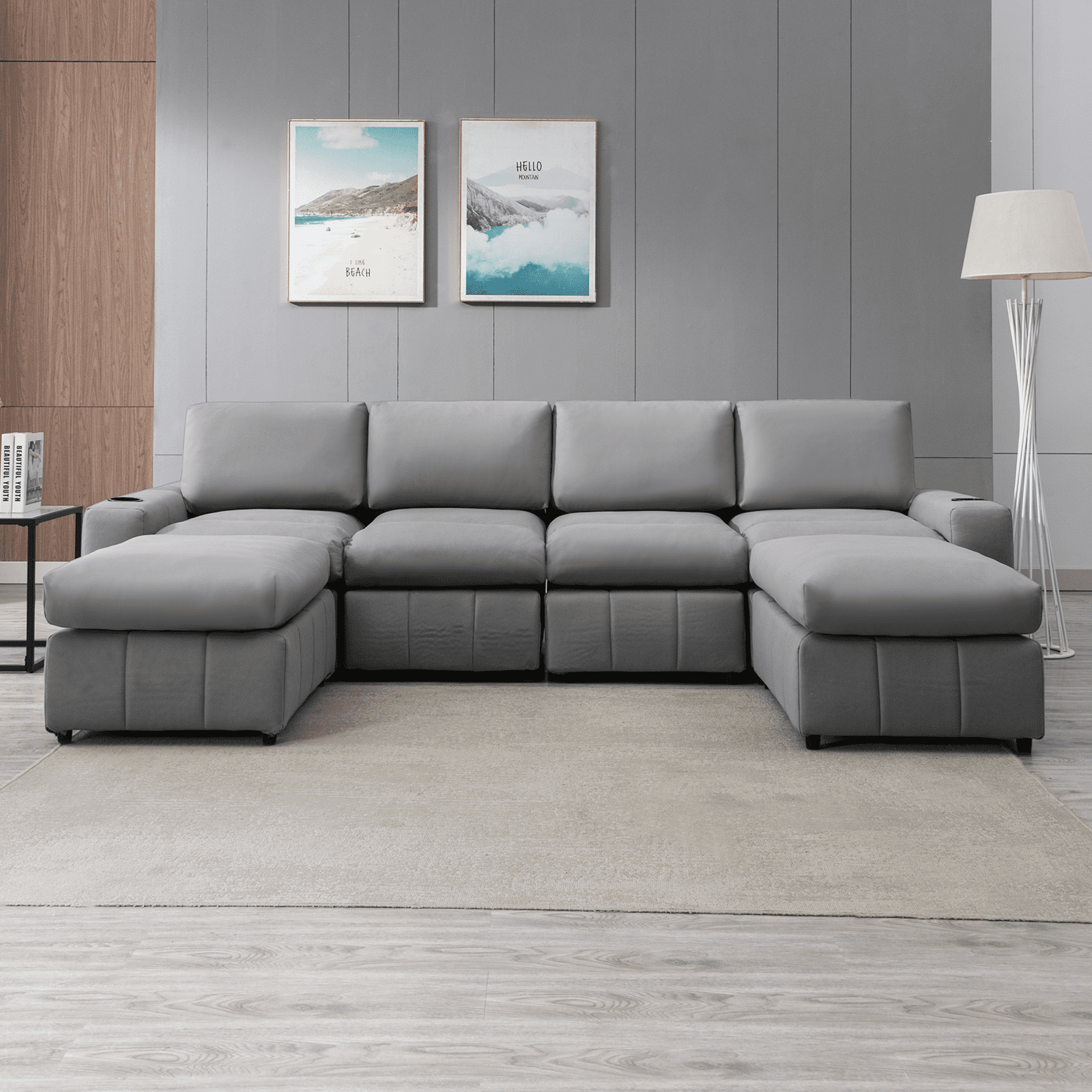 BALUS Modern U/L Shape Faux Leather Sectional Sofa, Modular Tufted Lounge Couch Set with Ottomans, Modern Upholstered Furniture for Living Room, Light Gray