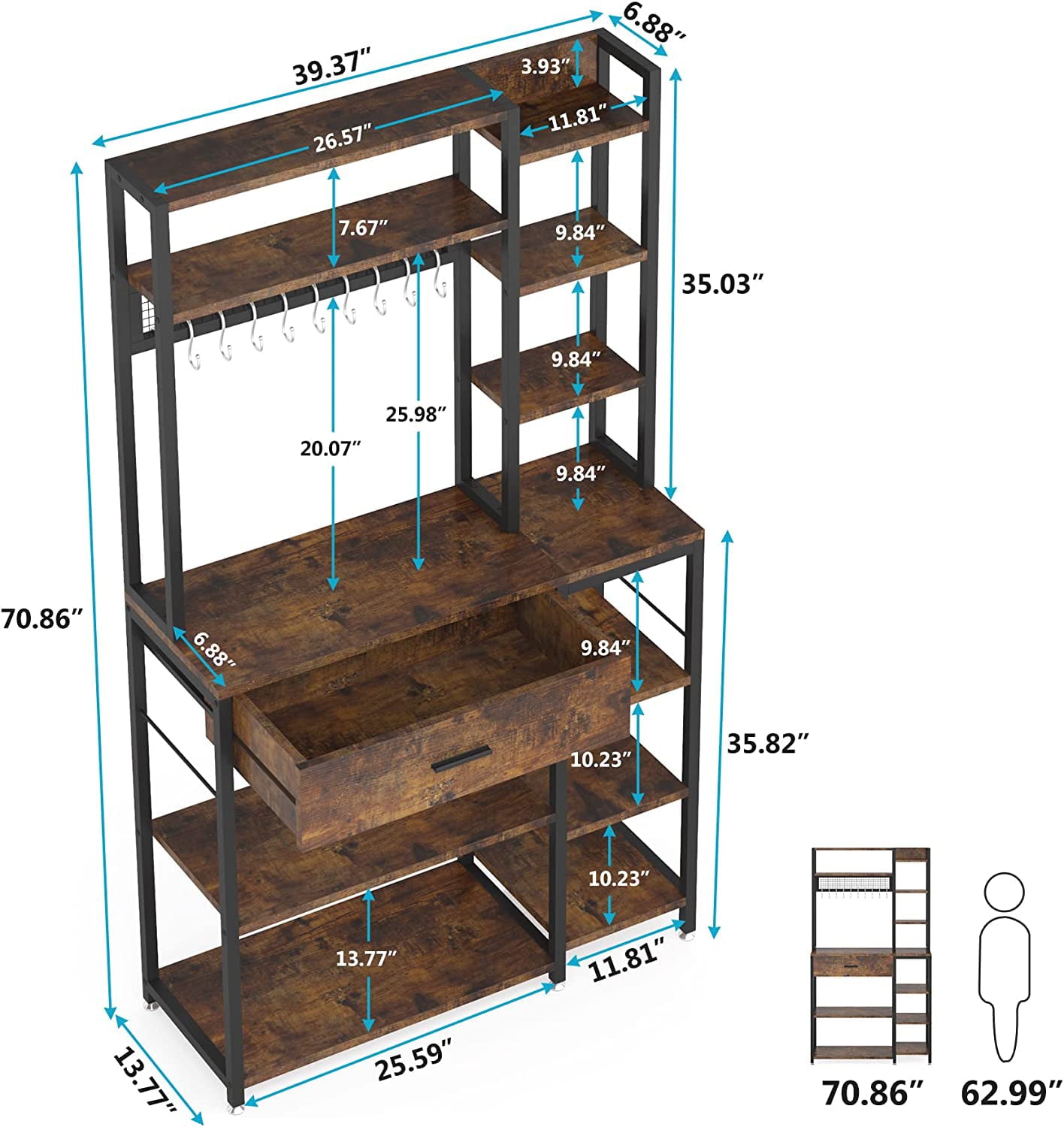 Tribesigns 70.9 inch Baker's Rack with Drawer, Wood 5-Tier+6-Tier Kitchen Shelf Rack, Brown