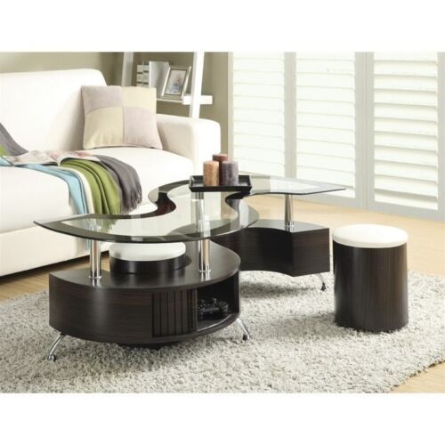 Coaster Buckley 3-Piece Clear Glass Top Coffee Table with Stools in Cappuccino