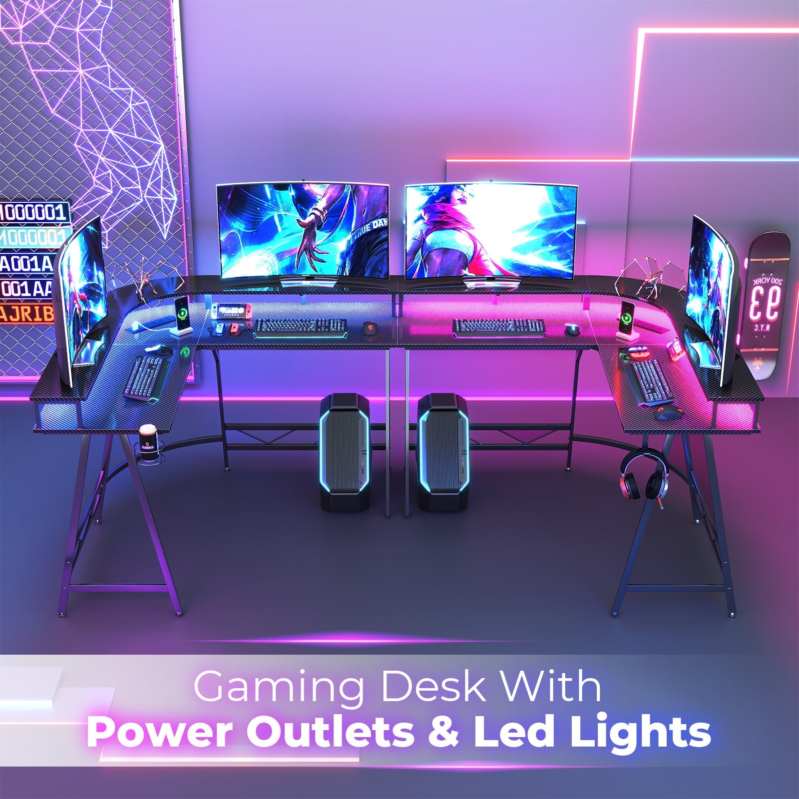 Huuger L Shaped Gaming Desk with LED Lights & Power Outlets, Computer Desk with Monitor Shelves, Home Office Desk Corner Desk with Cup Holder & Hook, Carbon Fiber Black