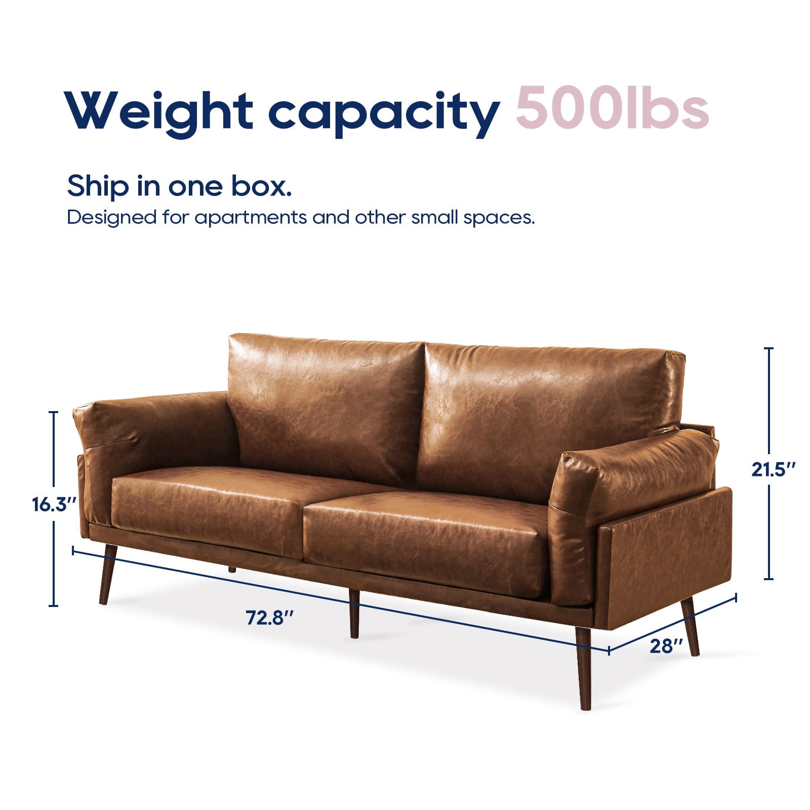 Vonanda Mid Century Modern Sofa Couch, Faux Leather Couch, 3 Seat Couch Soft, 72'' Small Couch for Small Spaces, Sofa for Living room, Compact Apartment, House,Condo, Loft, Bungalow,Brown Sofa,Caramel