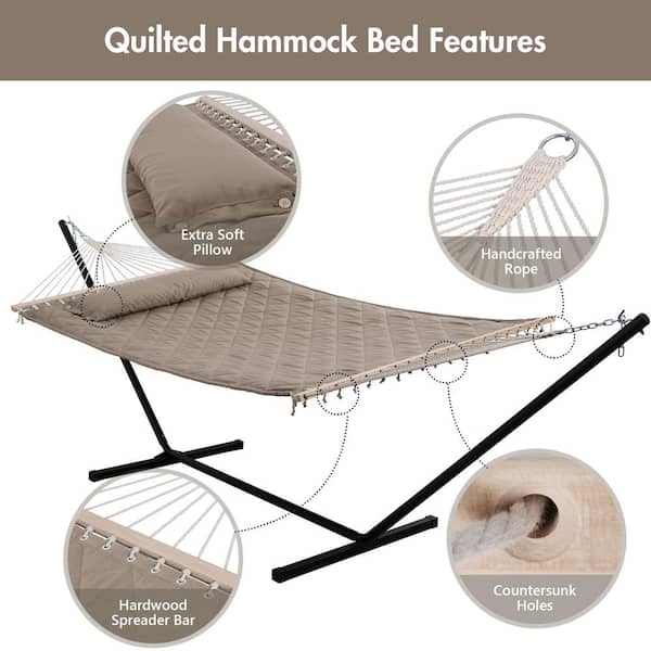 Double Hammock with Stand 12 ft. Heavy-Duty Hammock with Stand for Outdoors Indoors 450 lbs. Weight Capacity, Pale Brown