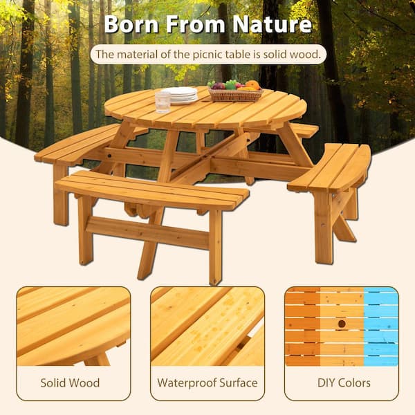 43.3 in. Brown Round Circular Solid Wood Picnic Table Seats 8-People with Umbrella Hole