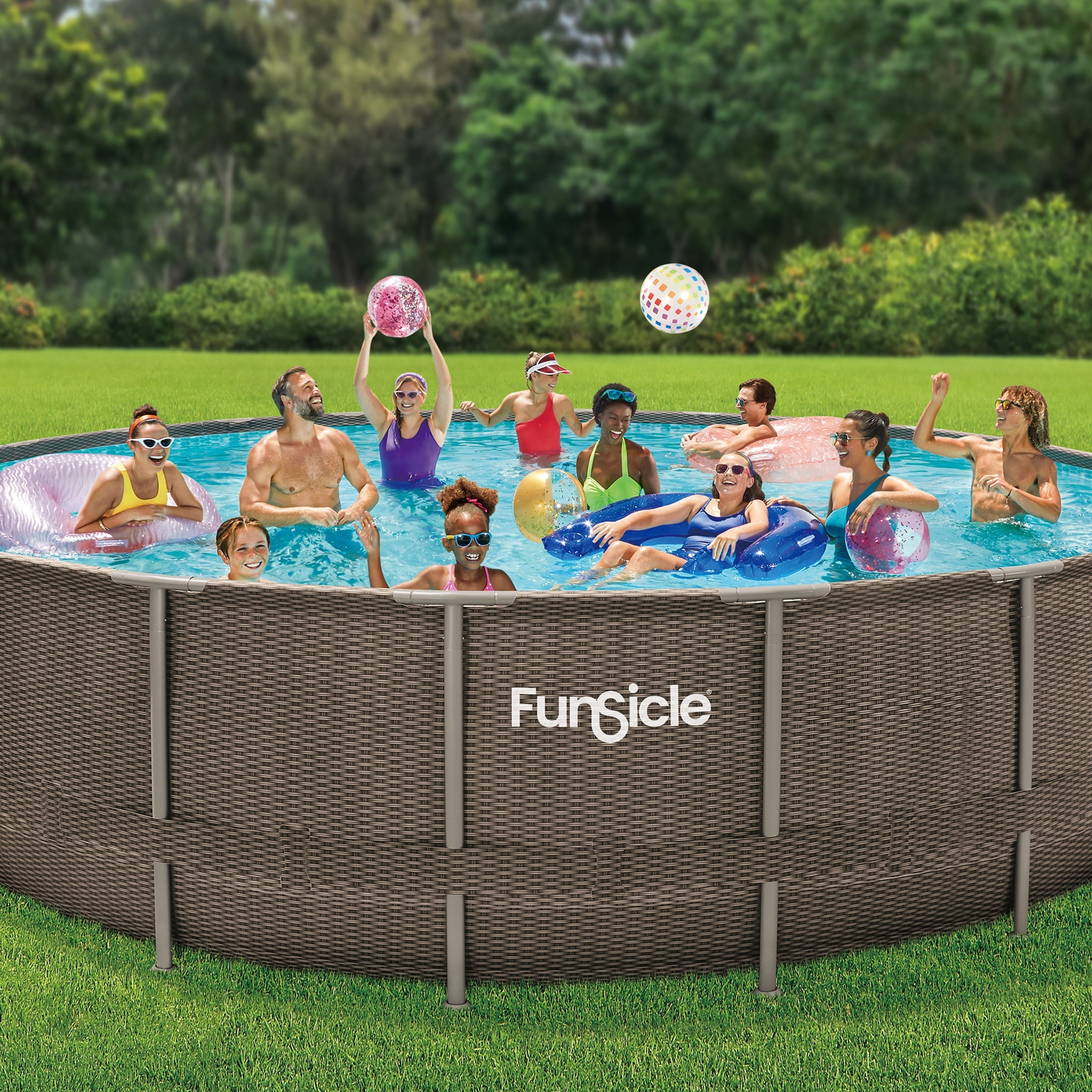 Funsicle 22 ft Oasis Designer Above Ground Frame Swimming Pool, Dark Double Rattan, Round, Age 6 & up