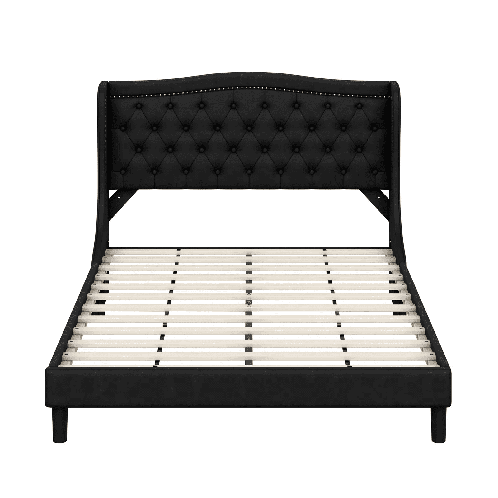 Homfa Queen Bed Frame, Wing-Back Button Tufted Upholstered Headboard, Modern Platform Bed Frame with Wood Slat Support for Bedroom, Black
