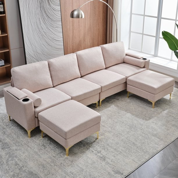 ZAFLY Modular Sectional Couch, U-shaped Sofa with Storage Ottoman, Large Sofas and Couches with Metal Frame for Living Room - Beige