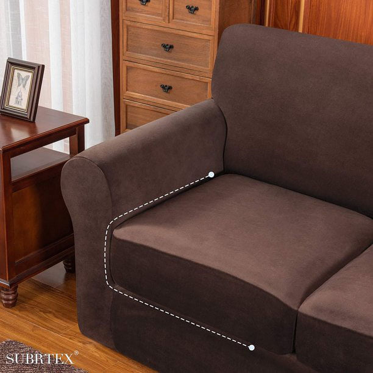 Subrtex 4-Piece Velvet Plush Stretchy Sofa Slipcover with Separate Cushion Covers (Chocolate, Sofa)