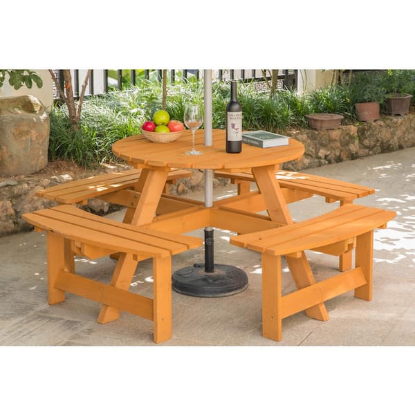Stained 8-Person Round Wooden Outdoor Patio Garden Picnic Table with Bench