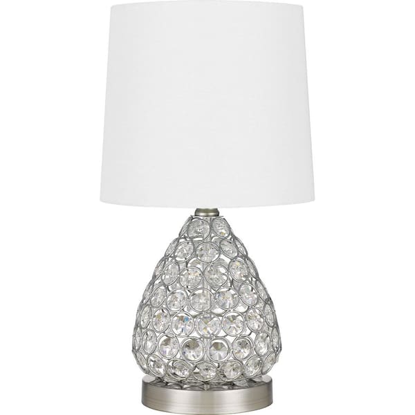 16 .5 in. Clear Crystal and Brushed Steel Table Lamp with White Fabric Drum Shade