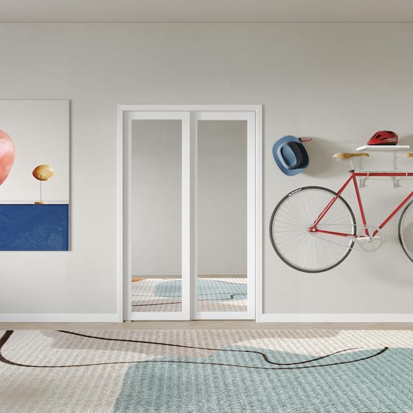 48 in. x 80 in. White MDF Sliding Door with Double Mirrored 1 Panel Glass, All Hardware