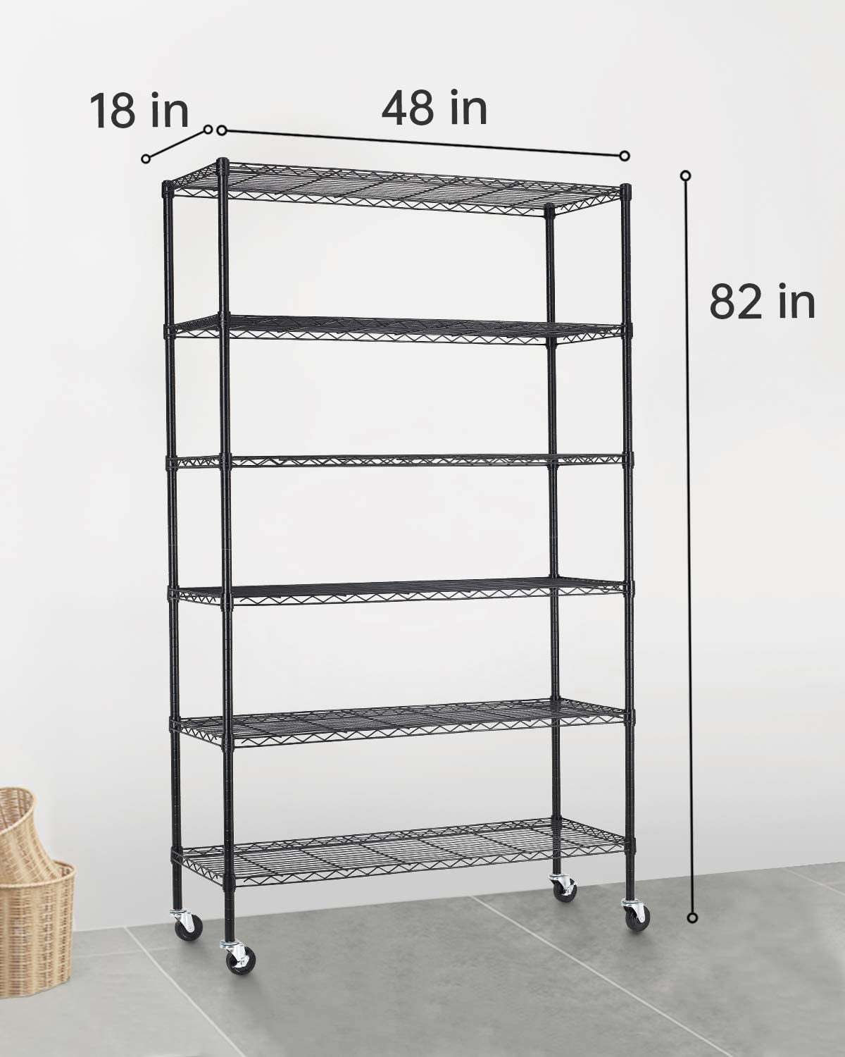 BestOffice 18x48x82 inch 6 Tier Wire Shelving Unit with Wheels Steel Adjustable Utility 2100 LBS Capacity,Black