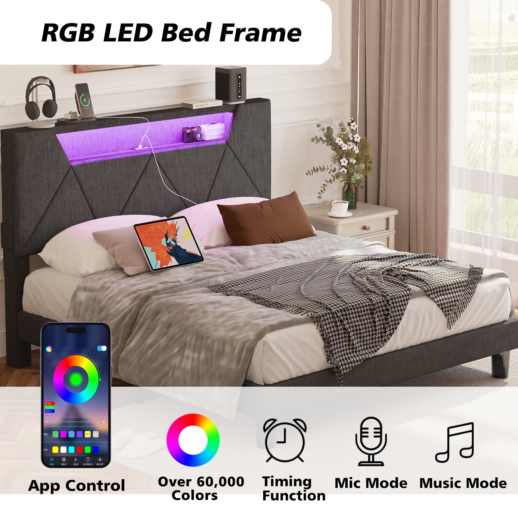 ANCTOR Queen Bed Frame with Storage Headboard & Charging Station for Adults,  Grey