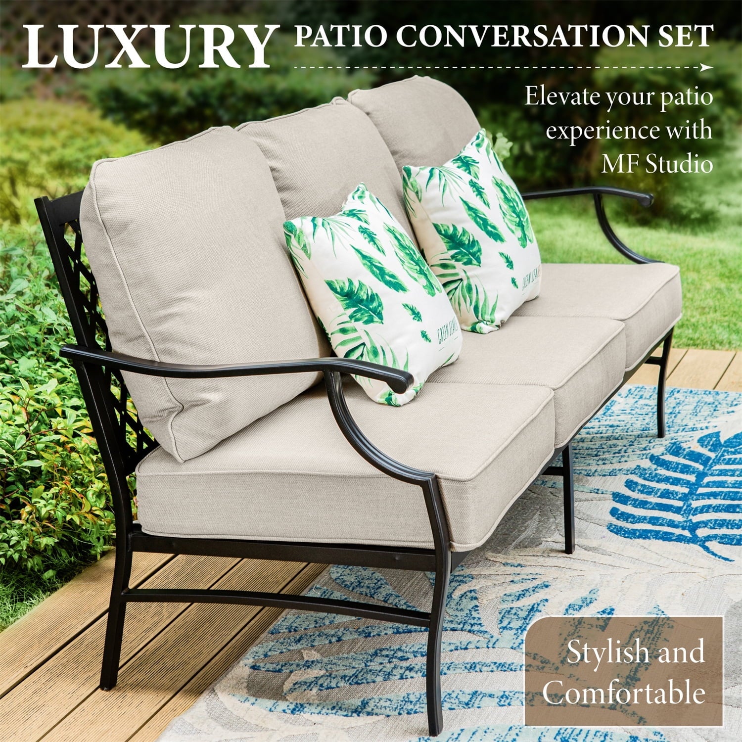 MF Studio 5-Seat Patio Conversation Set Metal Outdoor Furniture Sofa Set for 5 Person Beige