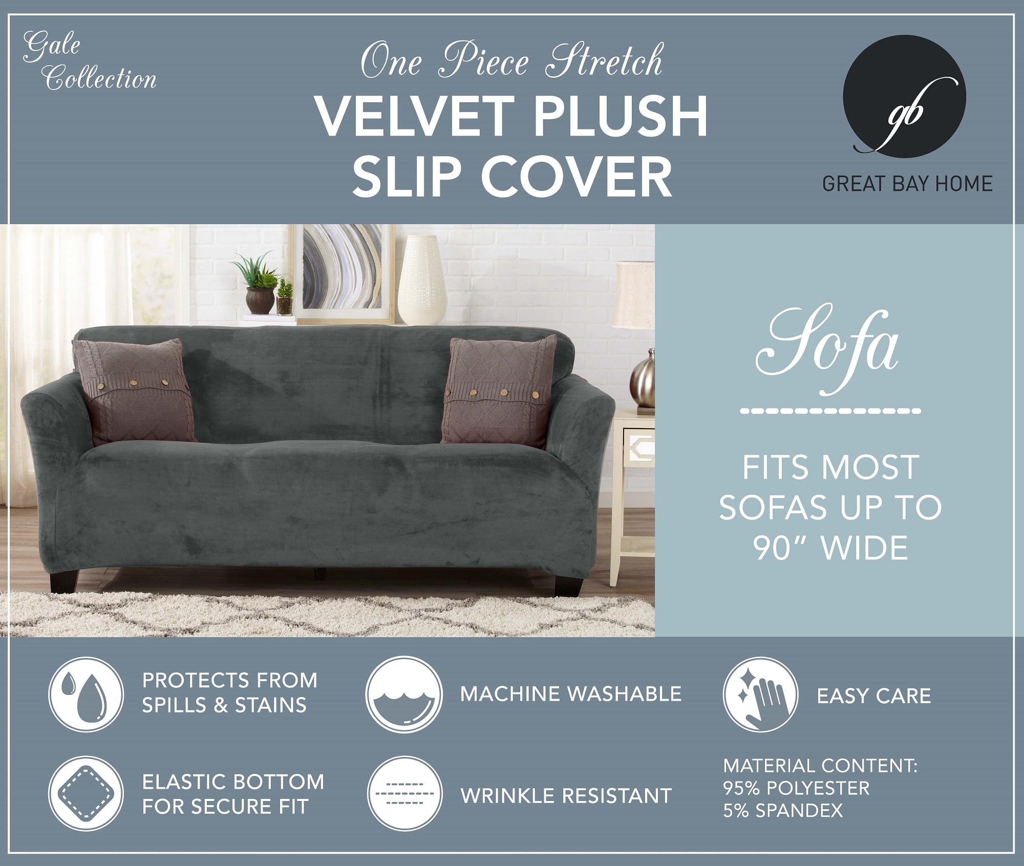 Great Bay Home 1-Piece Velvet Plush Solid XL Sofa Stretch Slipcover, Light Grey