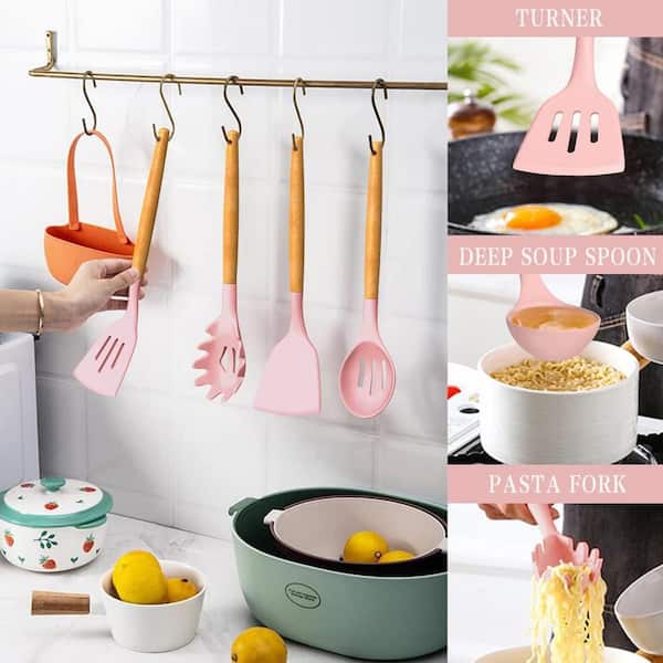 33-Piece Silicon Cooking Utensils Set with Wooden Handles and Holder for Non-Stick Cookware, Pink