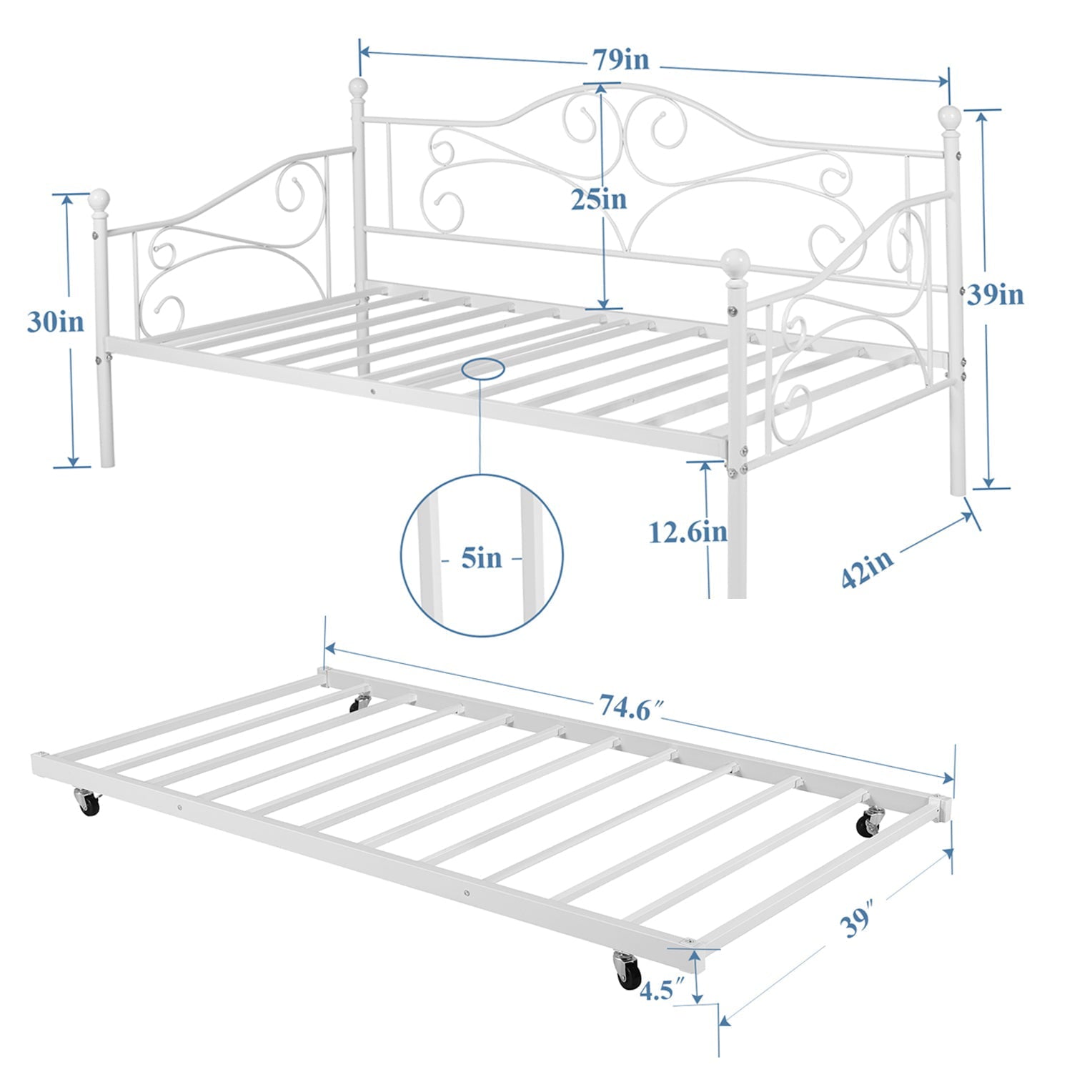 VECELO Twin Metal Daybed Frame with Trundle, Mattress Foundation Sofa Bed Platfrom with Headboard, No Box Spring Needed, White