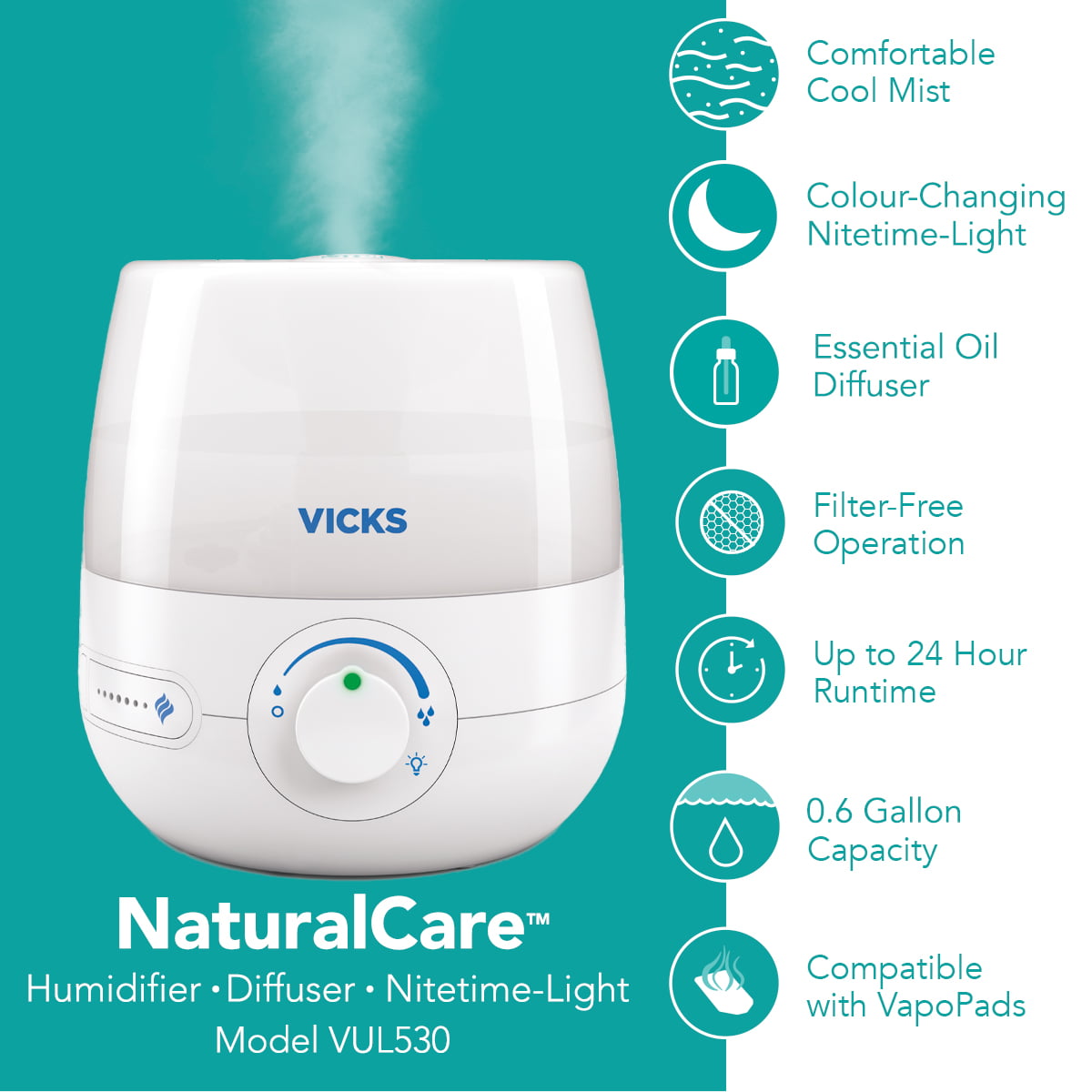 Vicks 0.6 Gallon Natural Care Cool Mist Ultrasonic Humidifier, 200 sq ft, White, VUL530