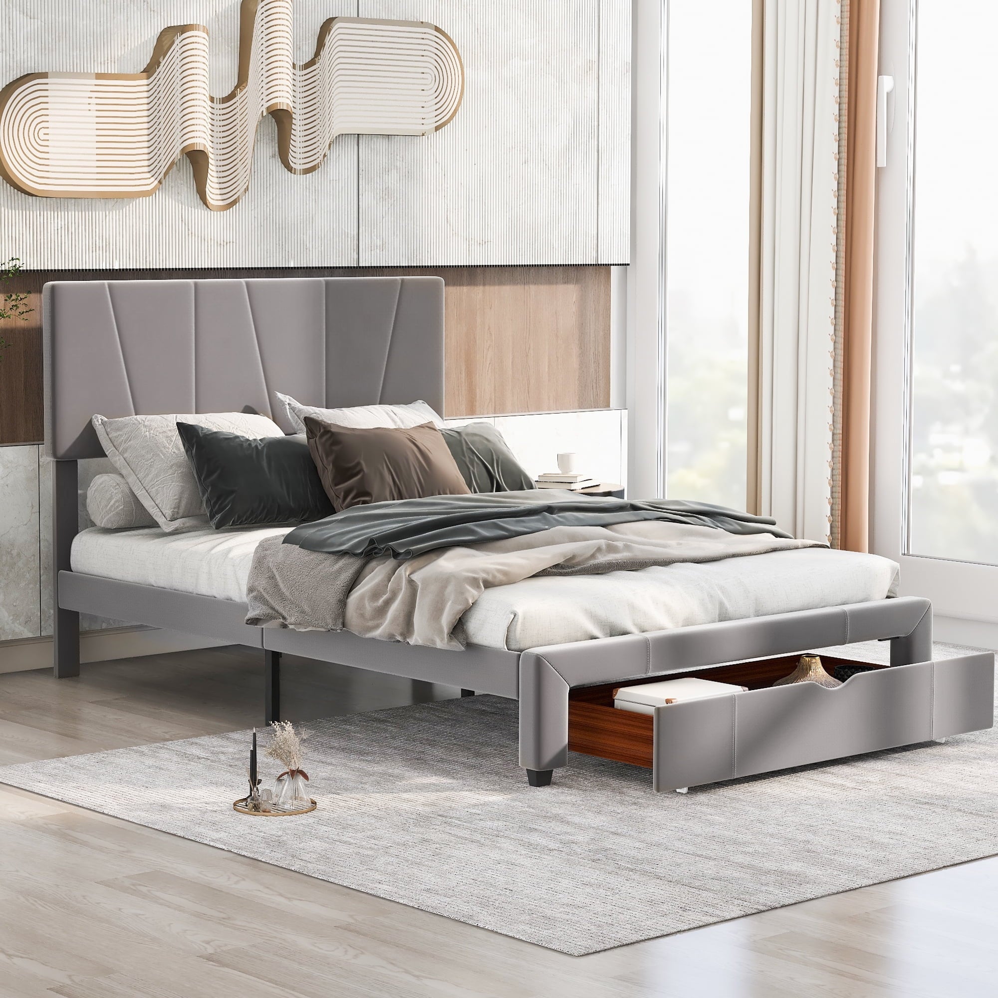 EUROCO Upholstery Queen Size Platform Bed with Drawer for Living Room, Gray