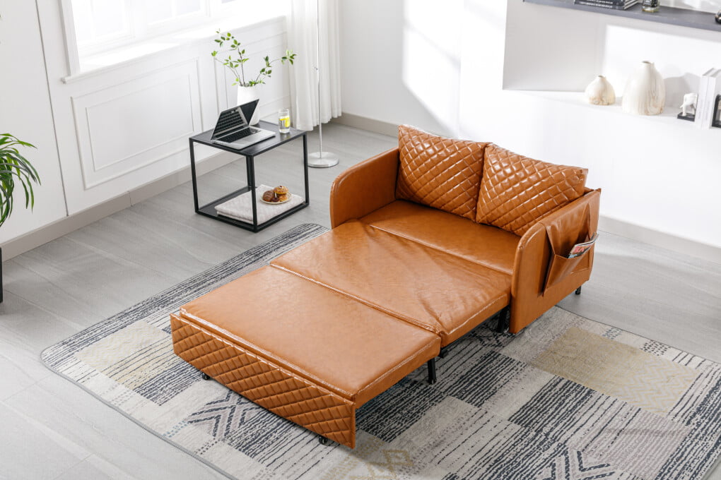 Pull Out Sofa Bed, convertible Sleeper Sofa Bed, Faux Leather Love seat Sofa Couch with Headboard, Small Love seat Lounge Chaise Armchair with 2 Pillows & Side Pockets for Living Room