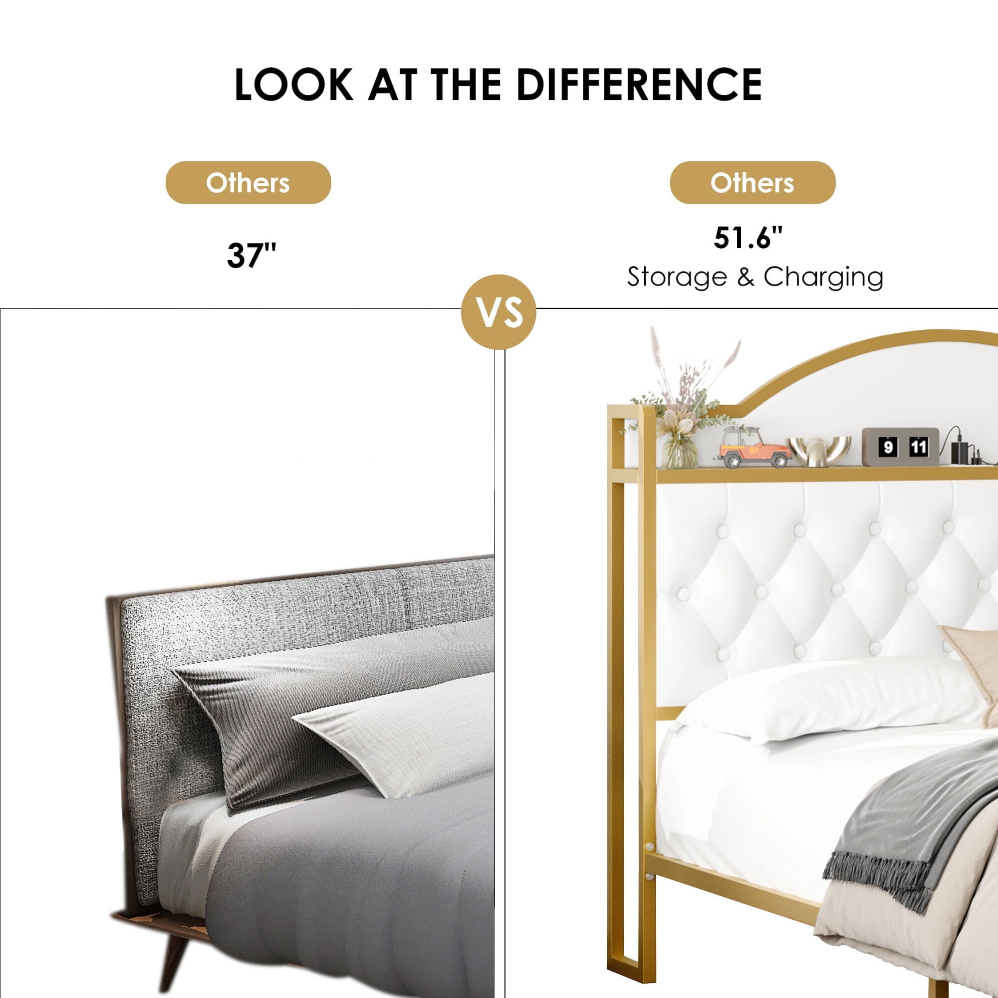 Homfa Queen Size Storage Bed with 2 Drawers, PU Leather Upholstered Bed with Shelving and Charging , White