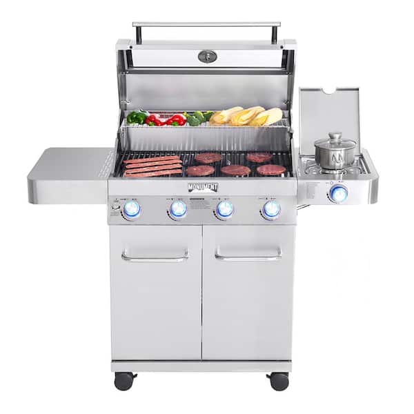 4-Burner Propane Gas Grill in Stainless with Clear View Lid, LED Controls and Side Burner