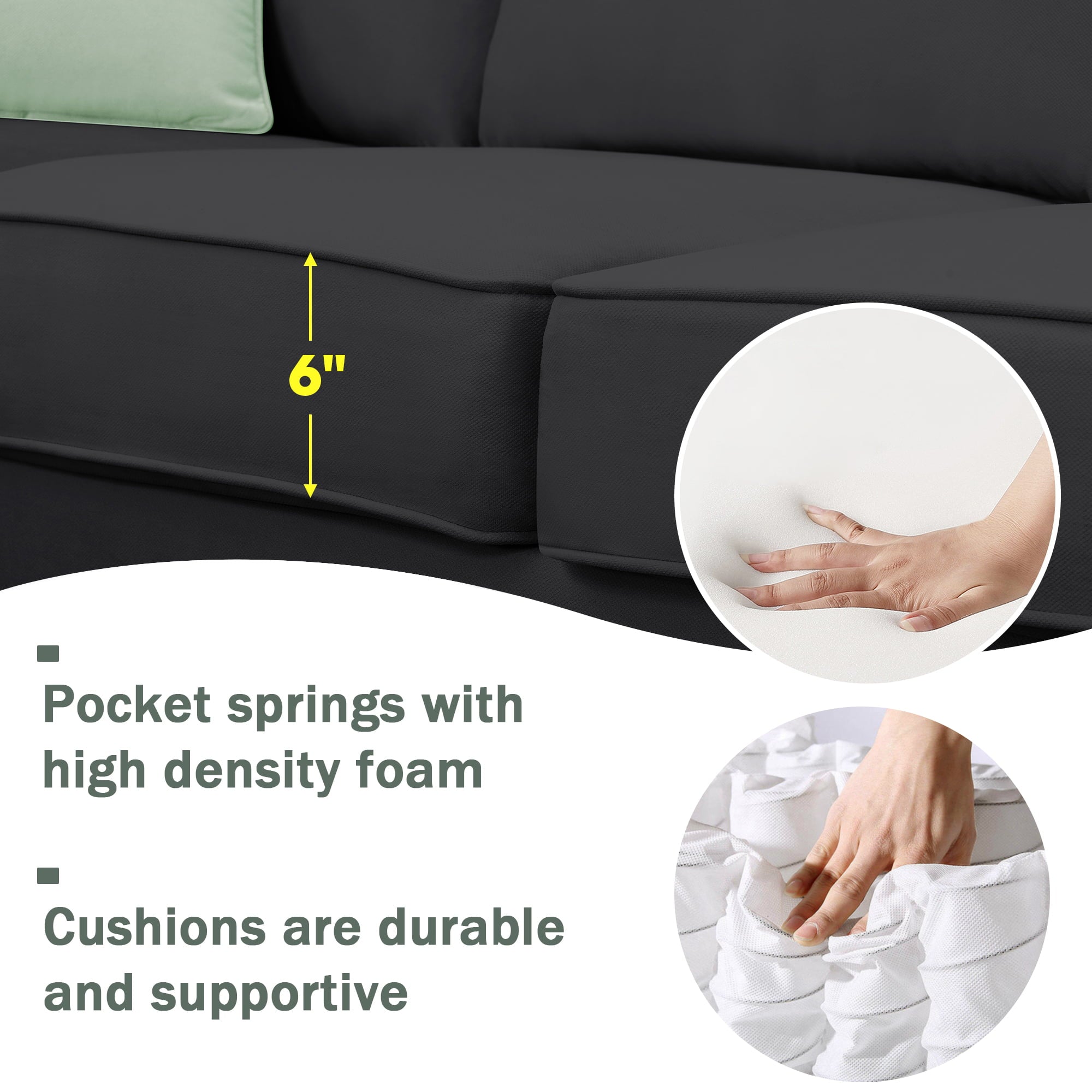 L-Shaped Modular Sectional Couch, KAMIDA 7-Seater Sectional Couch with Ottoman and 3 Pillows, Modern L-Shaped Fabric Upholstered Couch Furniture, Heavy Duty Sectional Couch for Living Room, Black