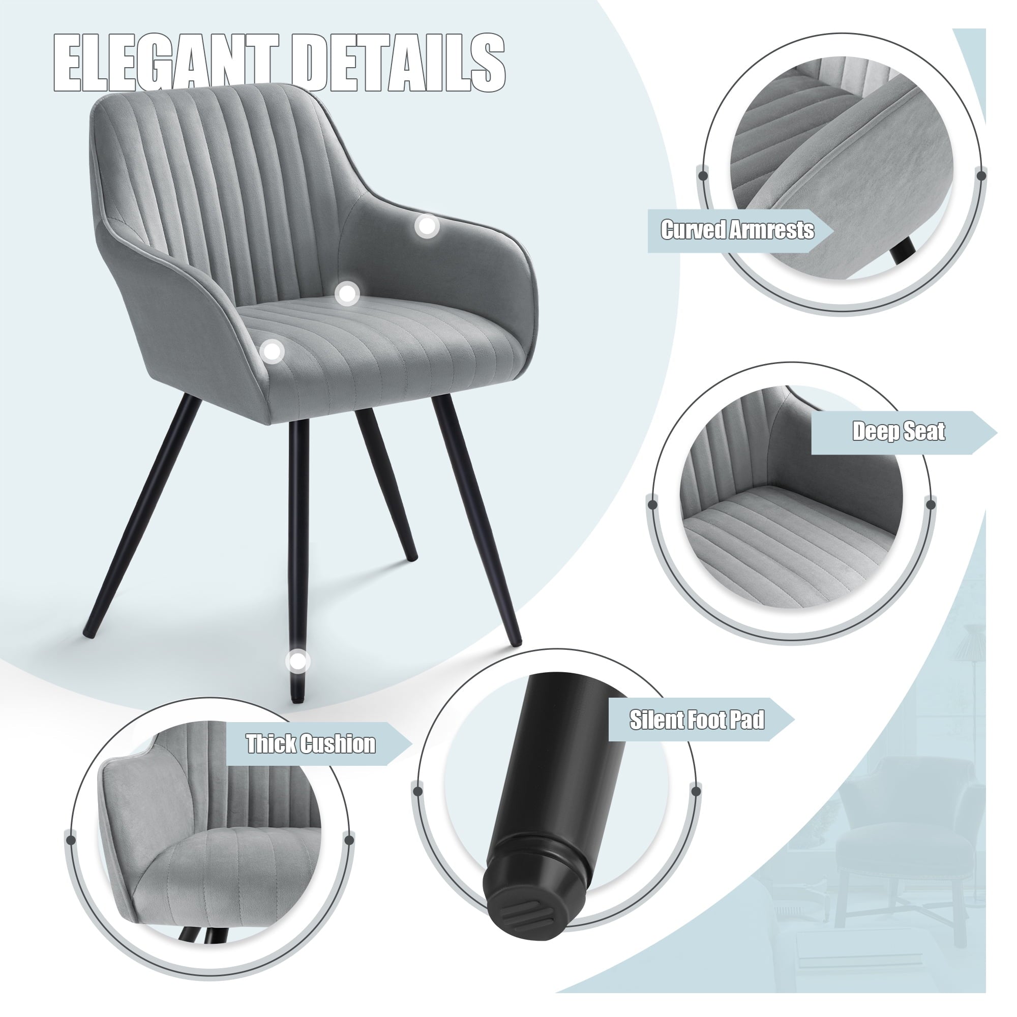 Devoko Set of 2 Accent Chair, Velvet Tufted Solid Back Arm Chair with Arms Upholstered Tall Back Desk Chair, Accent Chair for Living Room Home Kitchen, Gray