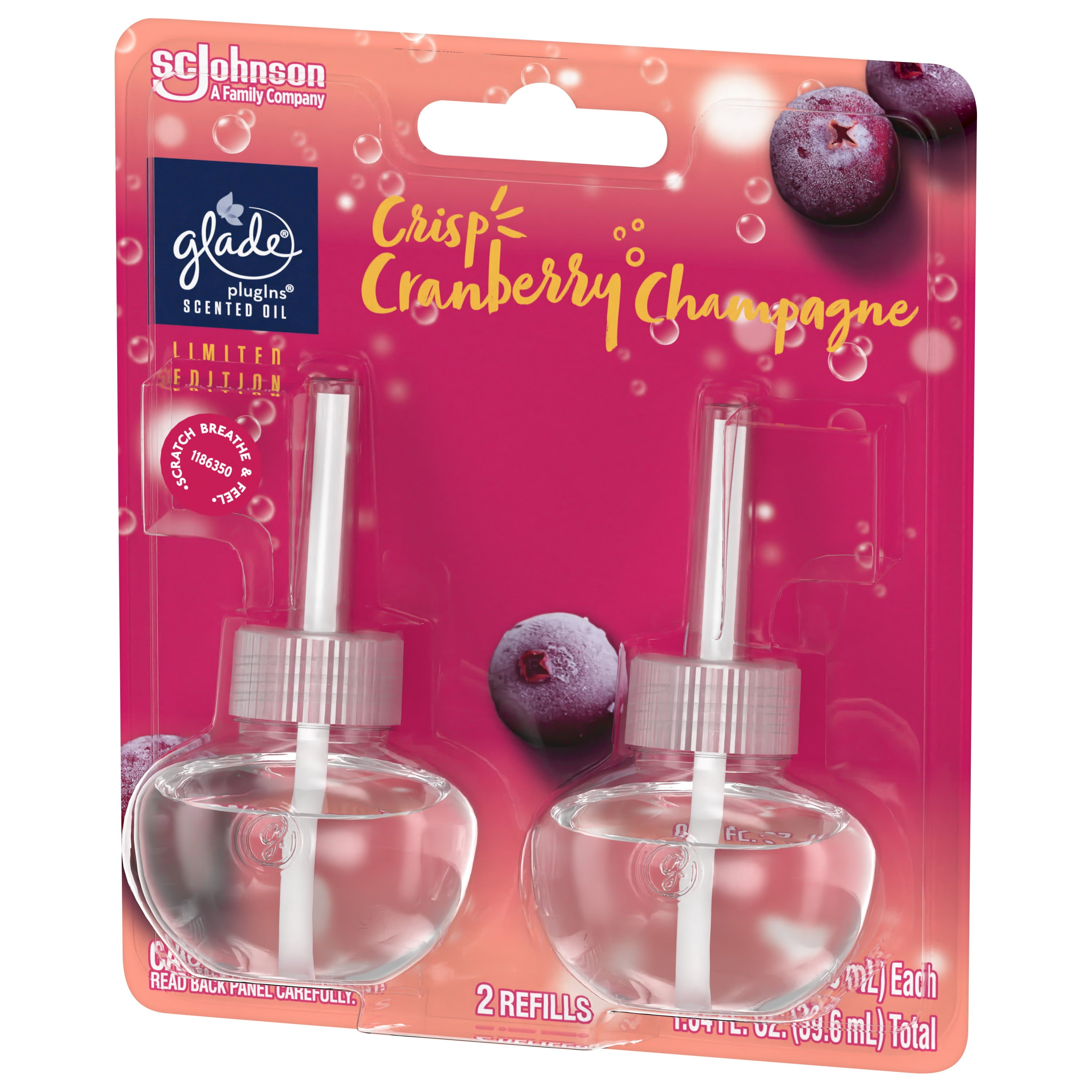 Glade PlugIns Scented Oil, 2 Refills, Crisp Cranberry Champagne, 0.67oz each, 1.34 oz Total