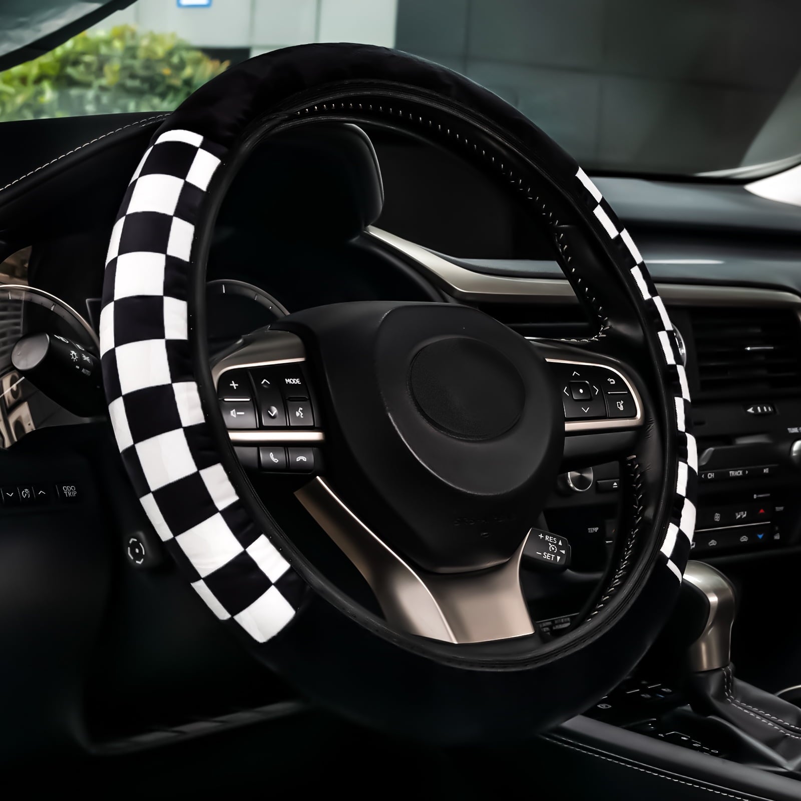 Checkered Plaid Soft Warm Fuzzy Auto Steering Wheel Cover Plush Universal Winter White-Black Fit for Truck, SUV, Cars