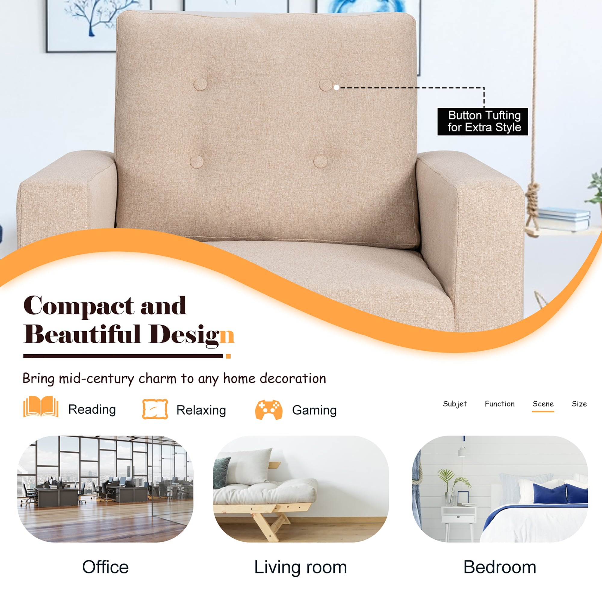 Costway Set of 2 Accent Armchairs Upholstered Single Sofa Chairs w/ 2-Side Pockets Beige