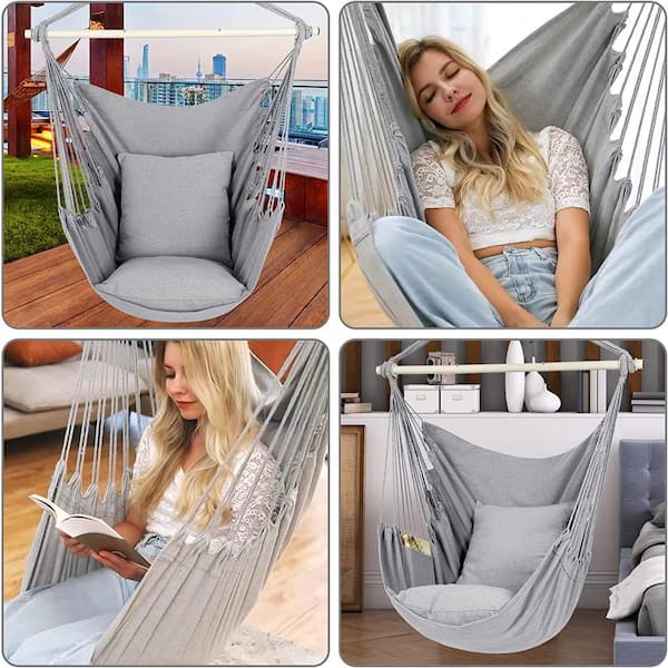 Hammock Chair Hanging Rope Swing, Maximum 500 lbs. 2-Seat Cushions Included, Quality Cotton Weave in Light Grey