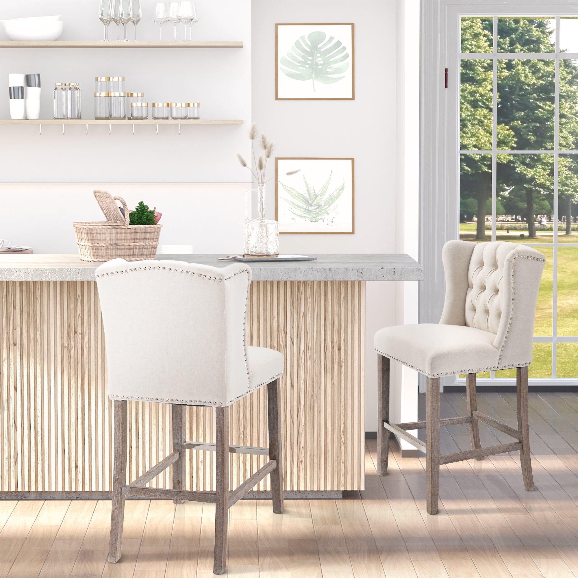 HomCom Bar Stool, Beige, Set of 2