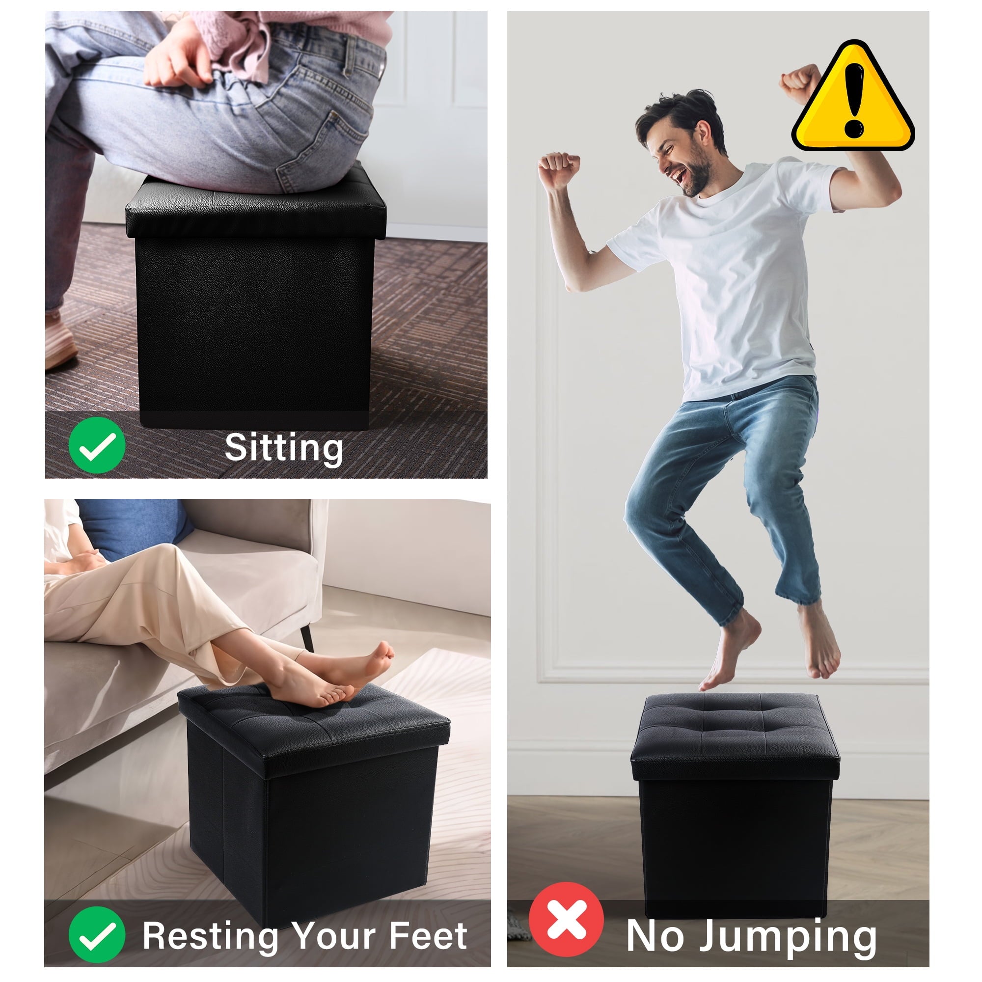 LotFancy 13Inch Faux Leather Storage Ottoman Cube,Square Foot Stool Ottoman with Storage,Black