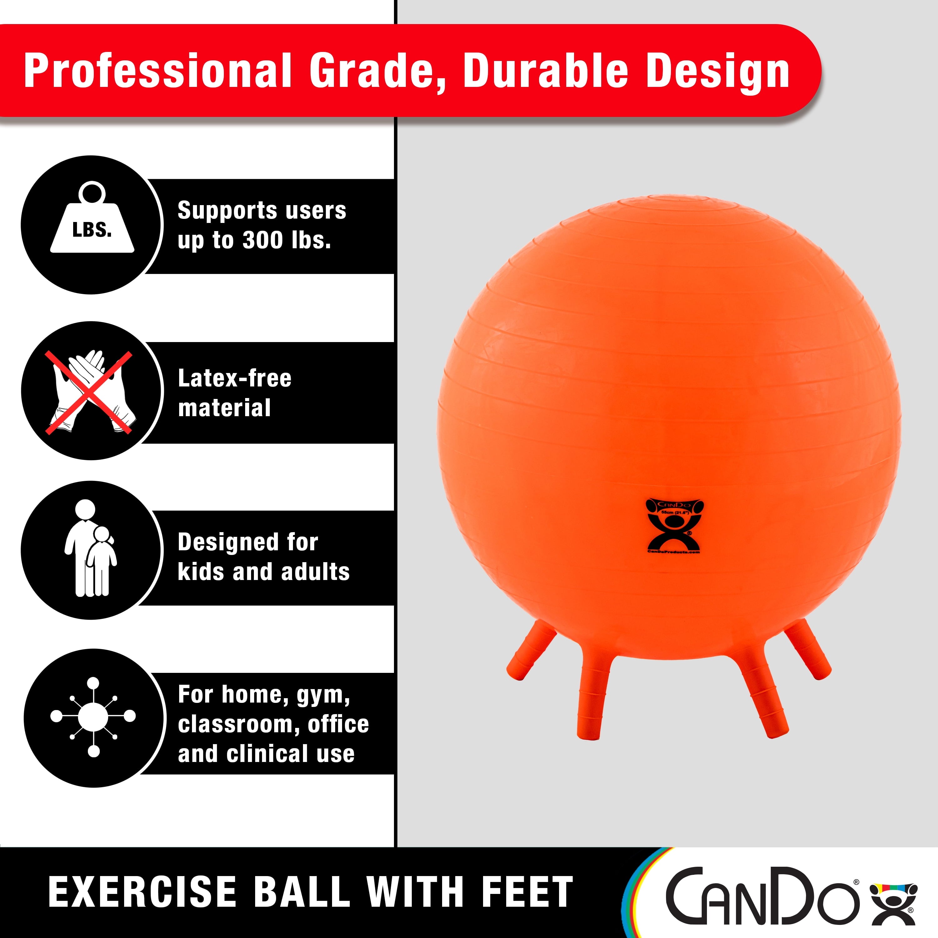CanDo 30-1892 Non-Slip Inflatable Exercise Ball with Stability Feet for Exercise, Workout, Core Training, Yoga, Pilates, Active Sitting in Gym, Office, Home or Classroom. Orange 22