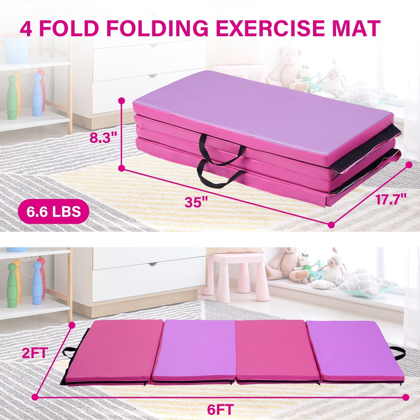 Ainfox 3'x6'x2’ Folding Exercise Mats, Gymnastics Tumbling Mats, Aerobics Stretching Yoga Mat, Pink and Purple