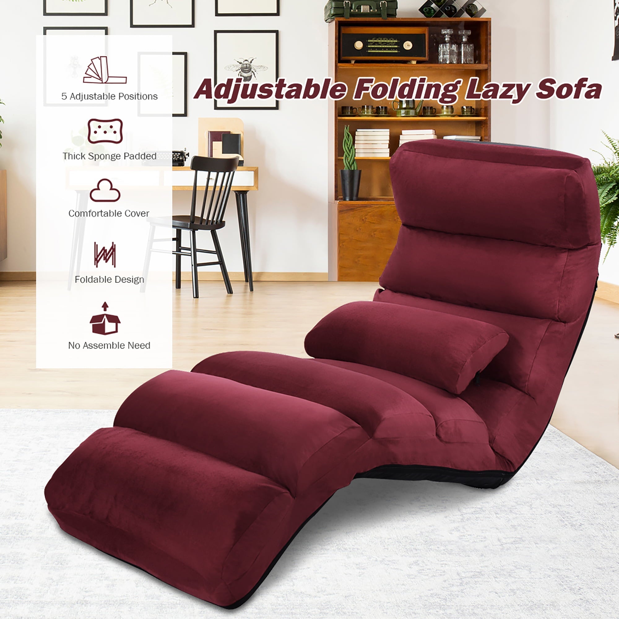 Costway Folding Lazy Sofa Chair Stylish Sofa Couch Bed Lounge Chair W/Pillow Burgundy