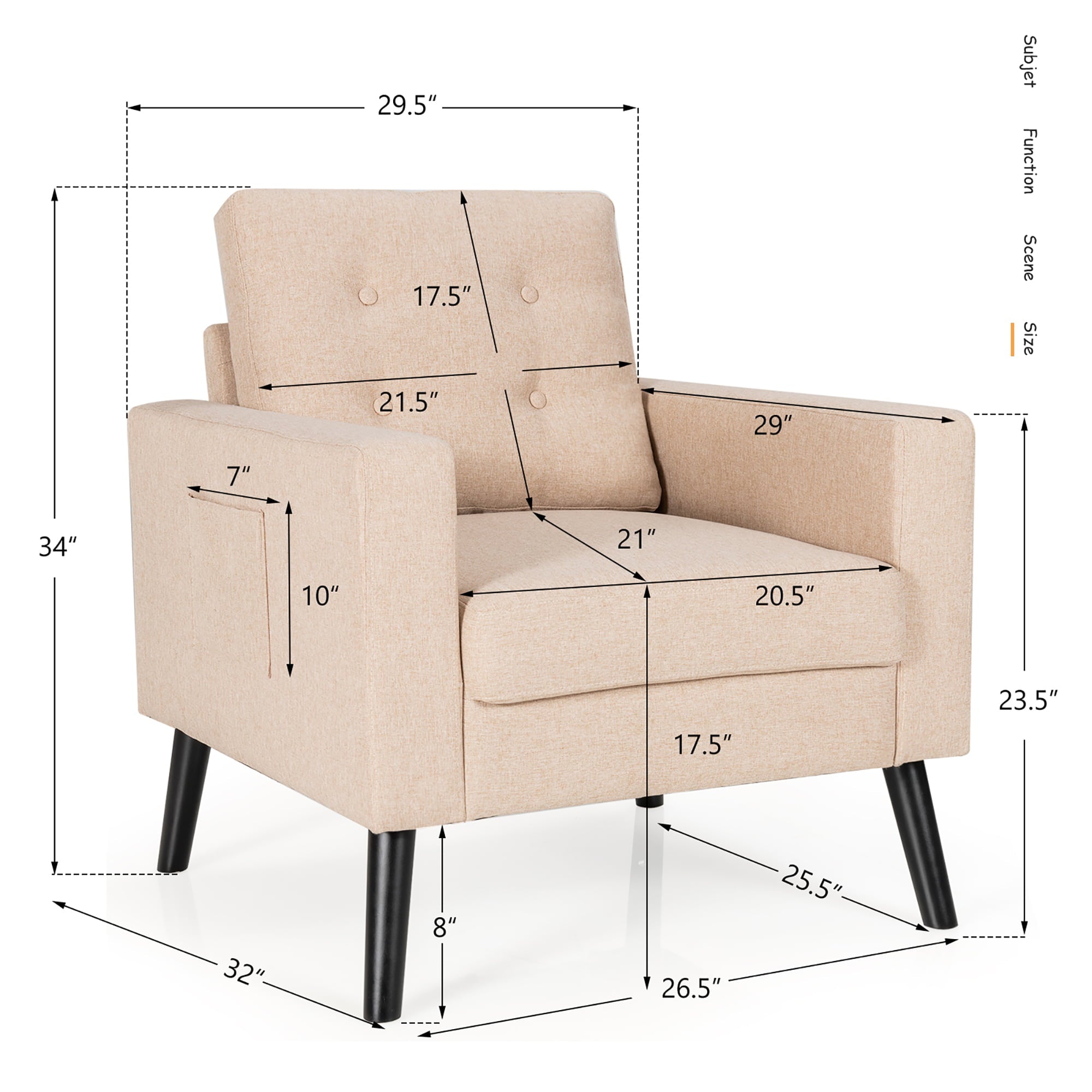 Costway Set of 2 Accent Armchairs Upholstered Single Sofa Chairs w/ 2-Side Pockets Beige