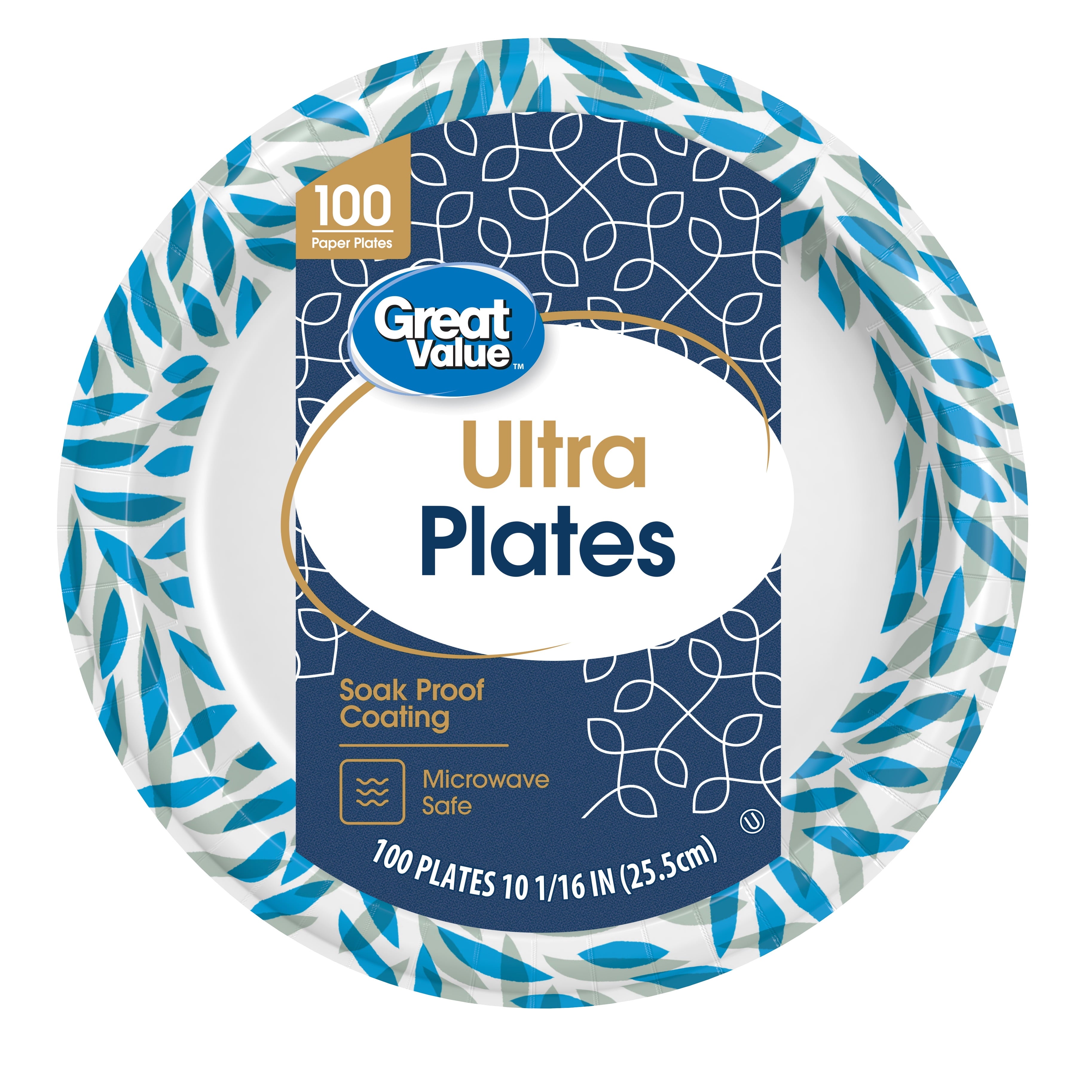 Great Value Ultra Disposable Paper Dinner Plates, White, 10 inch, 100 Plates, Patterned