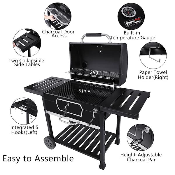 Deluxe 30 in. Charcoal Grill, BBQ Smoker Picnic Camping Patio Backyard Cooking, Black