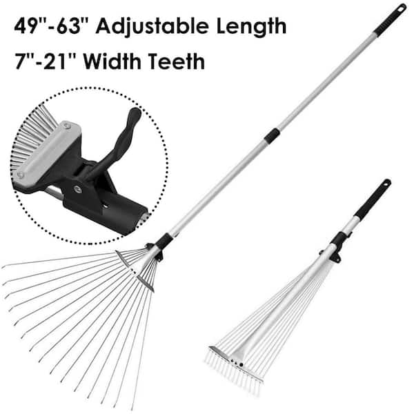 63 in. Stainless Steel Rake Adjustable Garden Leaf Rake 15 Teeth Expanding for Quick Clean Lawn Yard Garden