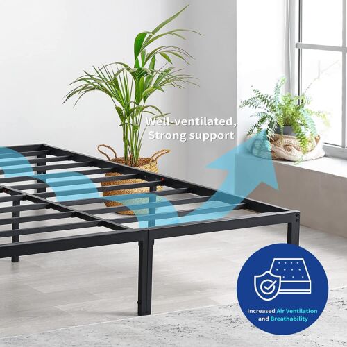 Olee Sleep Bed Frame Black Heavy Duty Steel Slat King Size Bed 79.5 x 75.5 x 14"