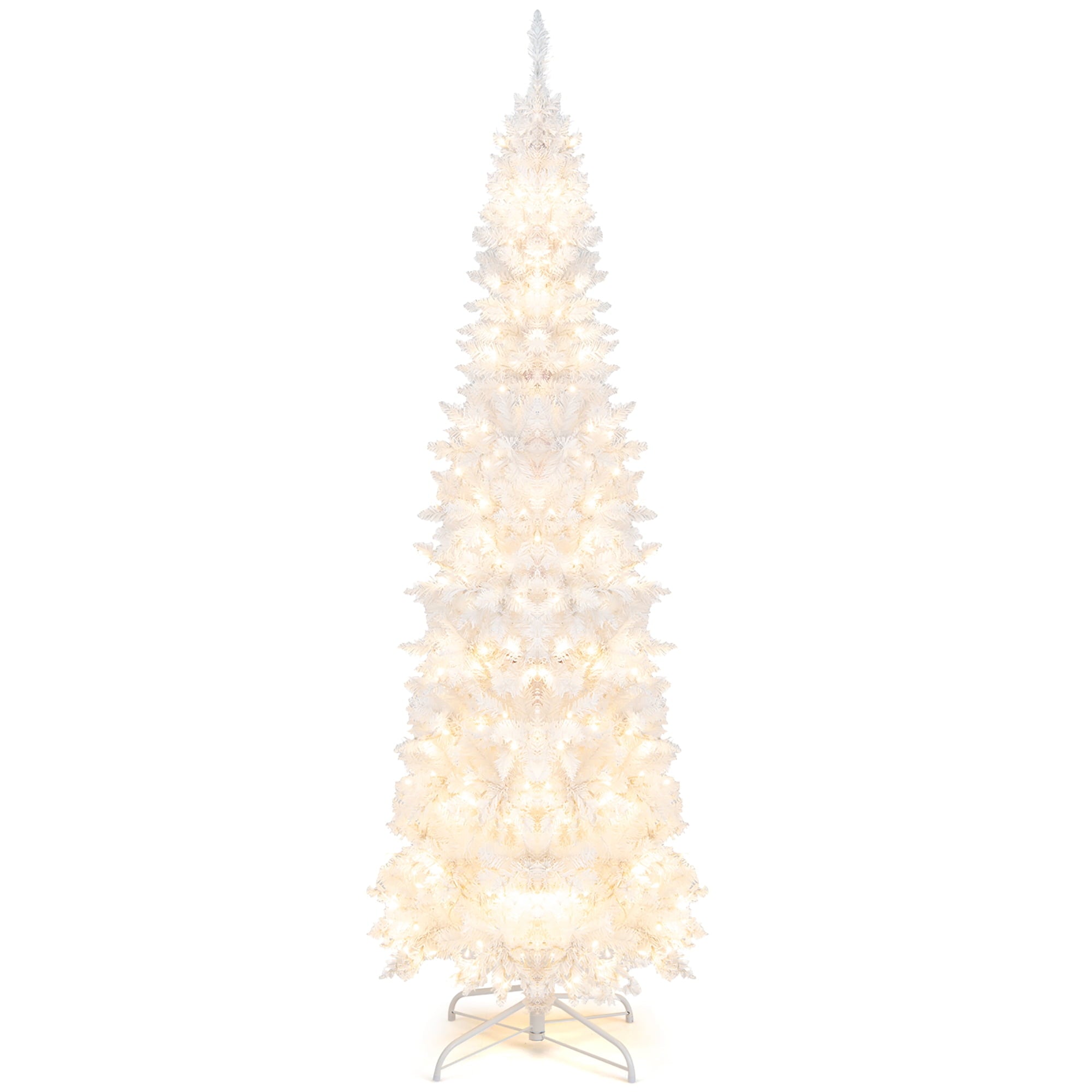 Costway 7FT Pre-Lit Hinged Pencil Christmas Tree White w/ 300 LED Lights & 8 Flash Modes