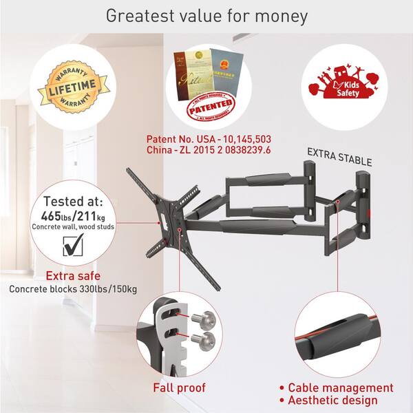 Barkan 13 in. x 90 in. Full Motion 4 Movement Extra Long and Stable Premium Flat/Curved TV Wall Mount Black